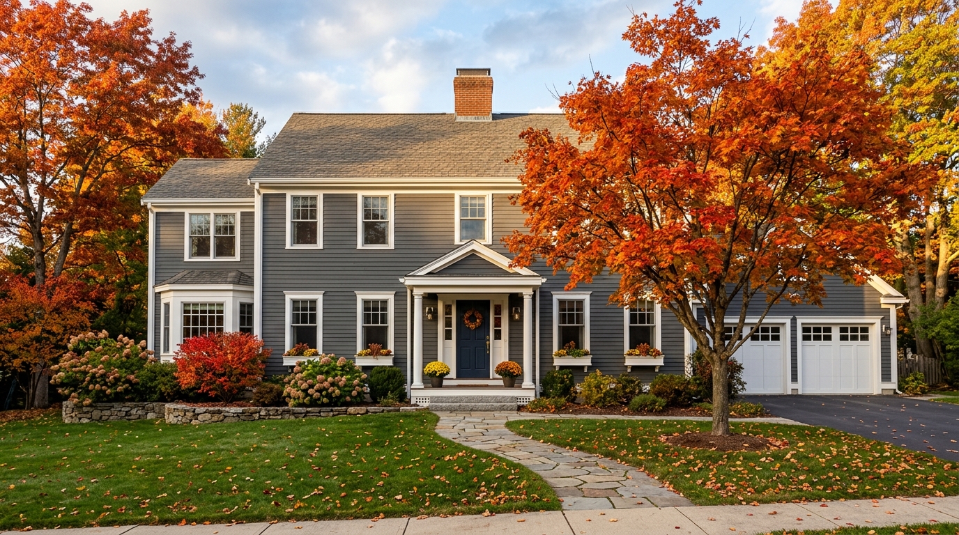 Massachusetts suburban home during fall autumn season with clean gutters
